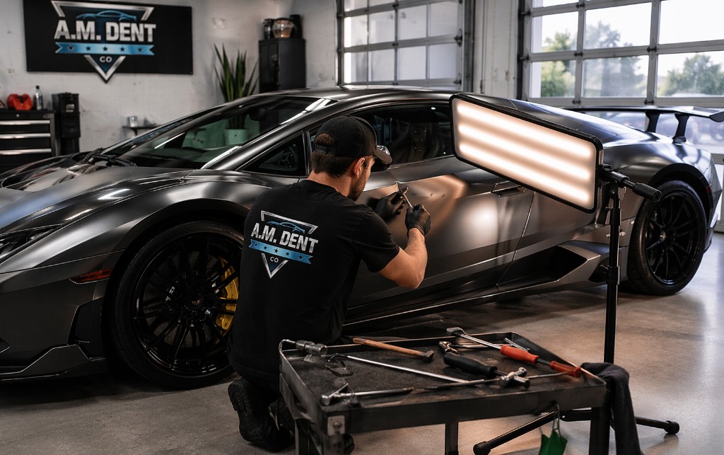 A.M. Dent Co paintless dent repair technician working on a vehicle with PDR lighting and tools